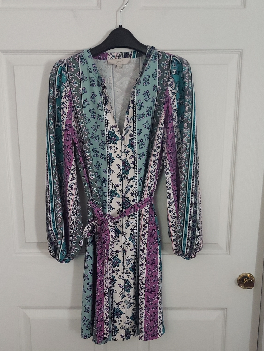 LOFT Floral Border Print Belted Dress Size 2 Teal Purple Boho